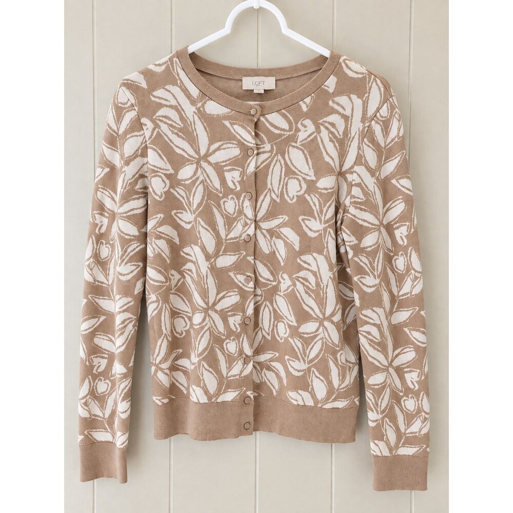 LOFT Cardigan Tan 100 Percent Cotton Cream Leaf Design Size Medium